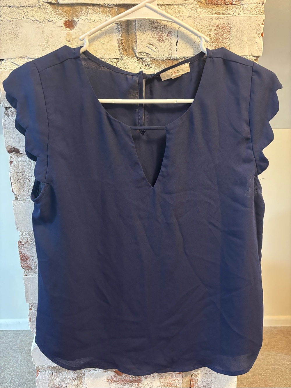 Women's Navy Blue Notch-Neck Blouse with Flutter Cap Sleeves